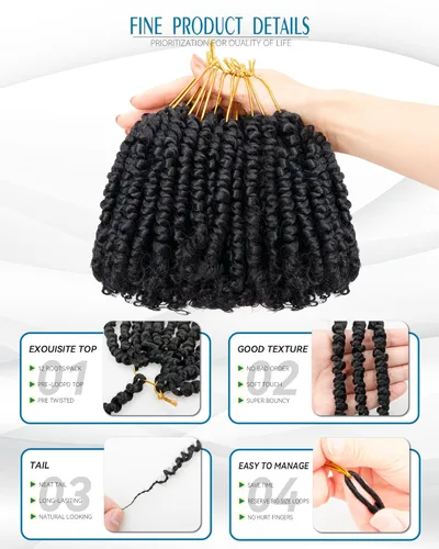 Miniatura 3 de Cabello de Ganchillo Pre-Retorcido Passion Twist para Mujeres Negras y Niños, Cabello Passion Twist Pre-Enrollado Trenzas Bohemias 4 Pulgadas 8