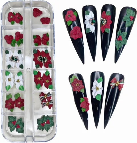Miniatura 6 de Abalorios de uñas de flores en 3D de acrílico otoño, hechos a mano con polvo acrílico - Kit de 24 piezas de flores, diamantes de imitación
