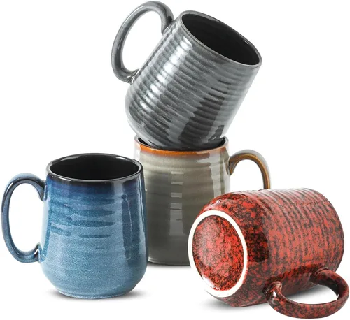 Juego de 4 Tazas de Café de HASENSE, Tazas de Cerámica de 12 Oz con Mango Grande, Juego de Tazas Rústicas Coloridas para Café, Té, Coco, Café con