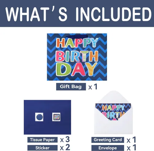 Miniatura 3 de Qirrmiy Juego de bolsa de regalo azul grande de 13 pulgadas con tarjeta de felicitación y papel de seda blanco (lámina láser 'Happy Birthday')