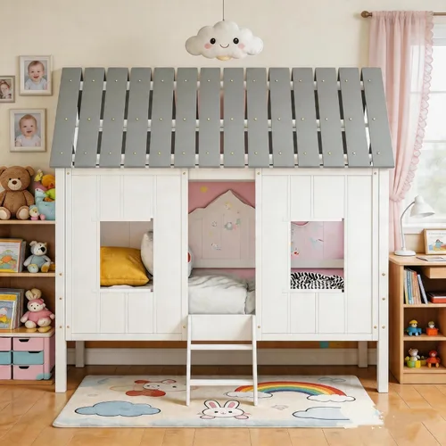 Cama baja tipo loft tamaño individual con ventanas y techo, bonita cama tipo loft para niños con rieles y escalera, marco de cama de madera maciza