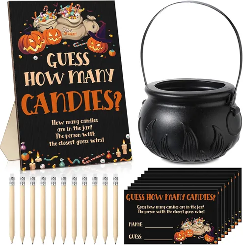 Soaoo Juego de 72 piezas de Halloween para baby shower, incluye 1 letrero de madera para adivinar, 50 tarjetas de adivinación, 20 lápices Hb y 1
