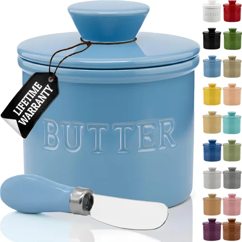 Miniatura 26 de PriorityChef - Mantequera con tapa con línea de agua, plato de mantequilla francesa de cerámica para dejar en la encimera, color caqui