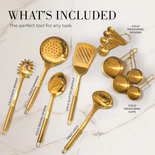 Miniatura 2 de Juego de utensilios de cocina dorados con tazas medidoras y cucharas, 13 piezas de accesorios de cocina dorados de lujo, incluye tazas medidoras