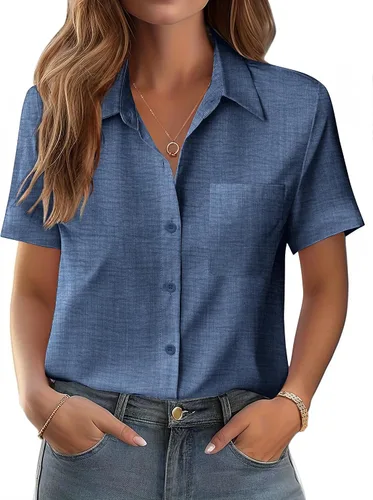 Miniatura 24 de Zeagoo Blusa de manga corta con botones para mujer, con bolsillo en el busto, para negocios, casual, para el trabajo, trajes de verano