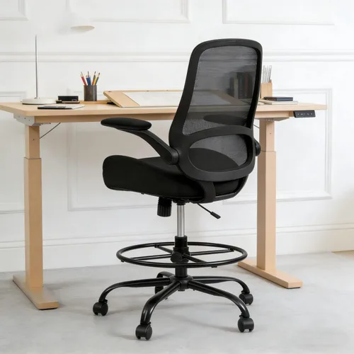 Miniatura 9 de HYLONE Silla de dibujo alta de oficina con reposabrazos abatibles y ajustables, silla ergonómica para computadora con reposapiés ajustable, anillo
