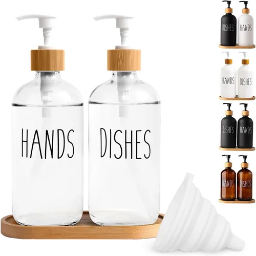 Miniatura 19 de LOOCHICA Juego de 2 dispensadores de jabón de vidrio con bandeja, dispensador de jabón de vidrio para manos y platos para fregadero de cocina, juego