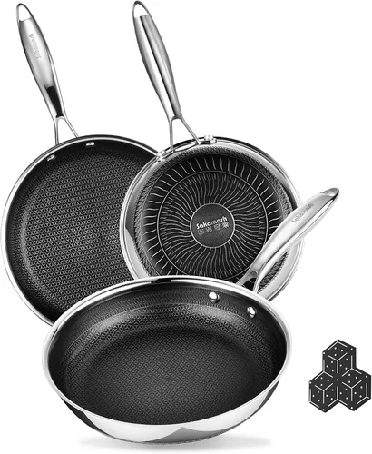 Miniatura 10 de SAKAMOSH Sartén antiadherente de 20,32 cm, sartén híbrida de cerámica y acero inoxidable, sartén con mango resistente al calor, no tóxica, libre