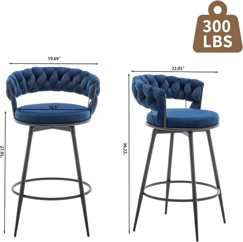 Miniatura 2 de Juego de 2 taburetes de bar giratorios modernos con respaldo tejido, taburetes de bar de terciopelo para isla de cocina, cafetería, pub, azul