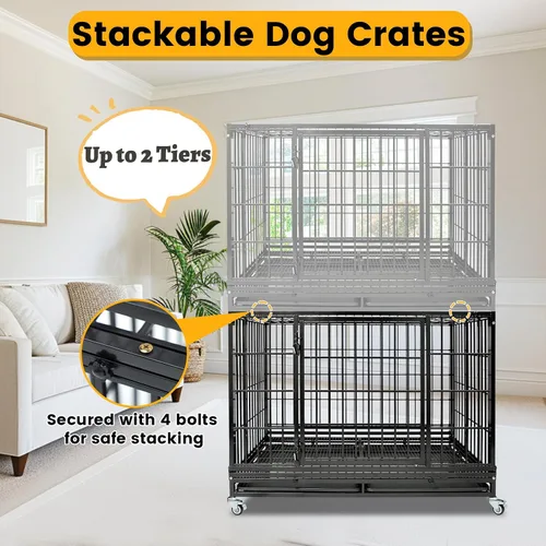 Miniatura 7 de Jaula apilable de 47 pulgadas para perros grandes de alta ansiedad, jaula indestructible a prueba de escapes para interiores con doble puerta