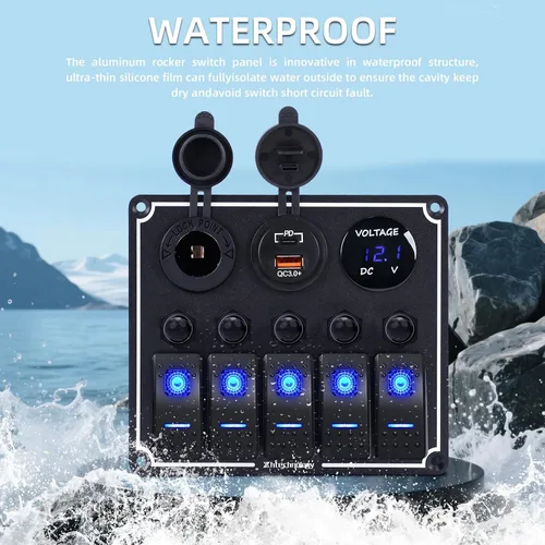 Miniatura 4 de Panel de interruptores de barco marino de 5 posiciones con cargador USB dual y voltímetro, panel de interruptores basculantes de aluminio