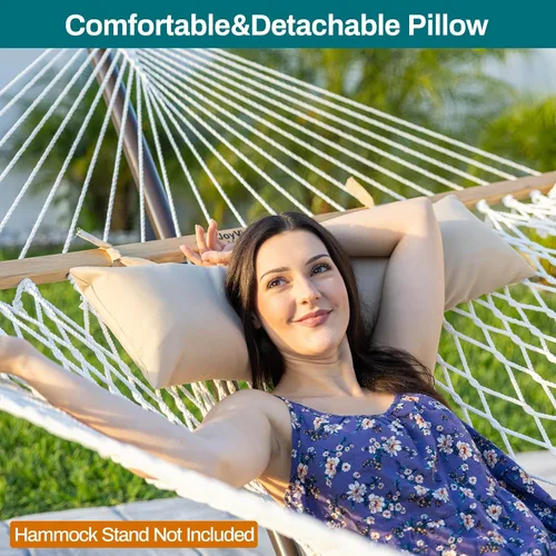 Miniatura 4 de JoyView Hamaca doble de cuerda tradicional, hamaca de algodón tejida a mano con barra separadora de madera dura y almohada, capacidad de 450 libras