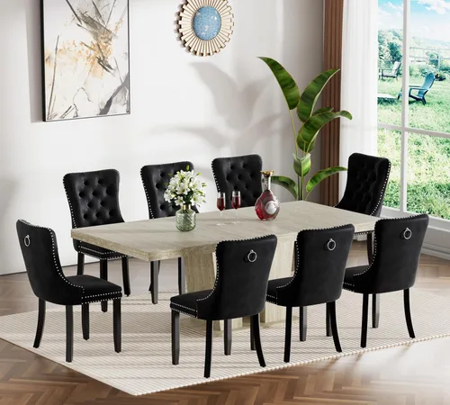 Miniatura 27 de Henf Juego de mesa de comedor extensible de 7 piezas para 6, 160 cm-200 cm Mesa de cocina extensible de grano de mármol blanco con 6 sillas Blanco