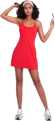 Miniatura 3 de Vestido de entrenamiento para mujer con brasier y pantalones cortos integrados, sin mangas, vestido atlético de tenis y golf con bolsillos