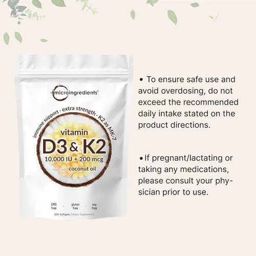 Miniatura 7 de Micro Ingredients Vitamina D3 10,000 UI + K2 MK-7 200 mcg, 300 cápsulas blandas con aceite de coco virgen Complejo vitamínico 2 en 1 de vitaminas