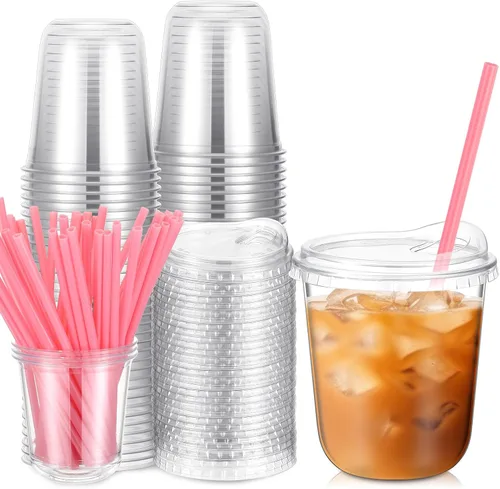 Miniatura 15 de Ziliny Juego de 25 vasos de plástico transparente con pajitas rosas en forma de corazón y tapas sin popote, vasos desechables para mascotas de fondo