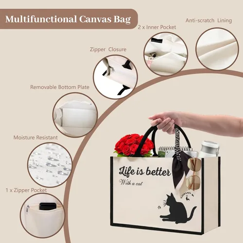 Miniatura 4 de Cute Tote Bags, 16Oz, 3 Pockets, Cat Large Canvas Tote Bags for Women, Anti-Scratch Lining Large Tote Bag with Zipper