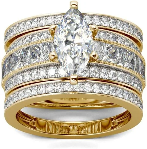 Jeulia Juego de anillos de boda de 2 quilates de 3 piezas para mujer, anillos de compromiso de circonita cúbica de corte marquesa de plata de ley,