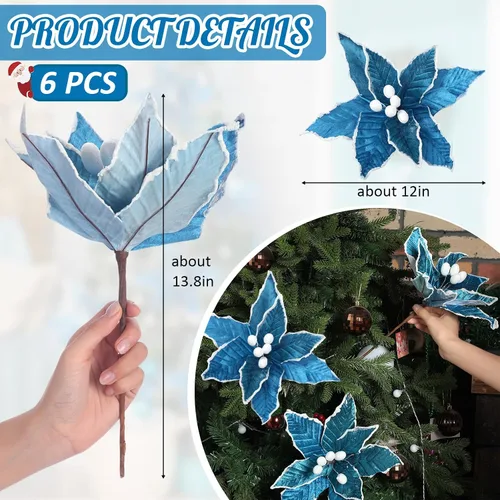Miniatura 2 de Zeyune 6 Piezas Flores de Pascua Azules de Navidad Artificiales Grandes Espinas de Pascua Falsas Flores de Franela con Borde Helado para Adornos