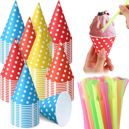 Miniatura 14 de Eaasty 200 tazas de cono de nieve y pajitas, cucharas de 4.5 onzas, popotes de papel desechables, cuchara de paja para aguanieve, helado afeitado