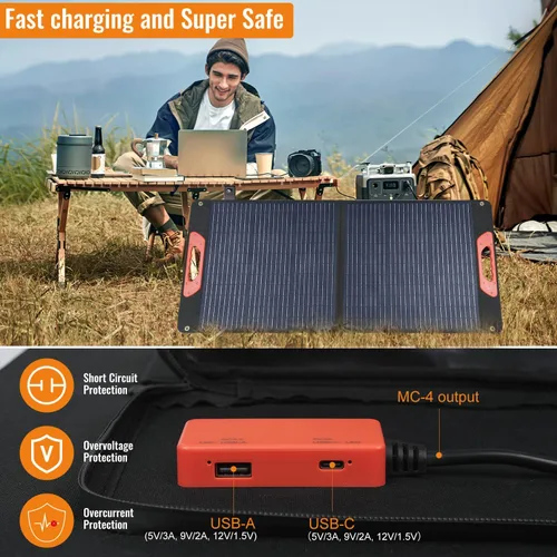 Miniatura 5 de Panel solar plegable de 100 W - Cargador para centrales eléctricas Monocristalino 23.5% de alta eficiencia QC3.0 salida USB-A/USB-C IP65