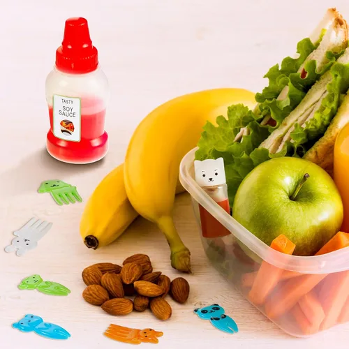 Miniatura 6 de Contenedor de 26 piezas de lonchera Bento para salsa de soja, 5 mini botellas de plástico para condimentos, lindos accesorios de almuerzo para niños