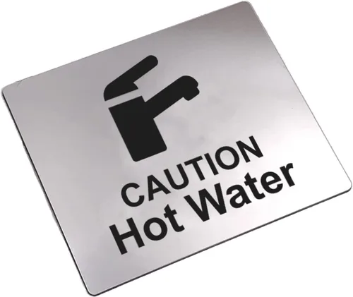 Caution Hot Water, letrero para fregadero con adhesivo en la parte posterior, plateado metálico grabado en negro con símbolo de icono universal y