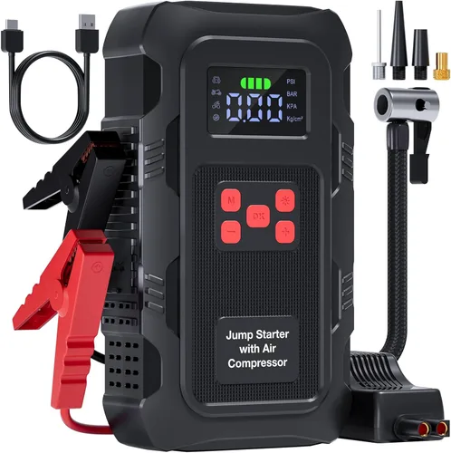 Arrancador de 5000 A con compresor de aire, arrancador portátil de batería de coche con inflador de neumáticos de 150 PSI para motores de gasolina