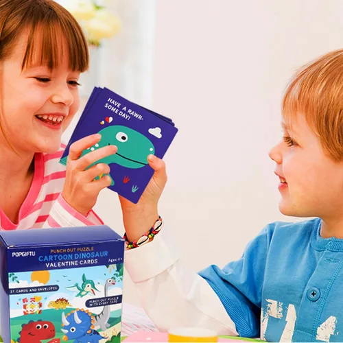 Miniatura 4 de Rompecabezas del día de San Valentín para niños, paquete de 27 tarjetas de rompecabezas de dinosaurio con sobres y calcomanías a granel