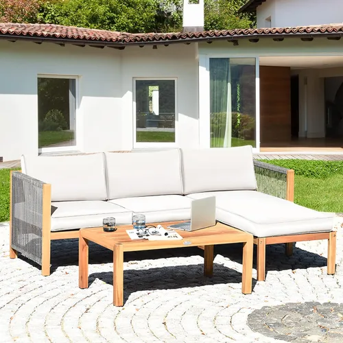 Miniatura 3 de Tangkula Juego de muebles de exterior en forma de L, juego de conversación de patio de madera de acacia de 3 piezas, con 2 sofás biplaza y mesa