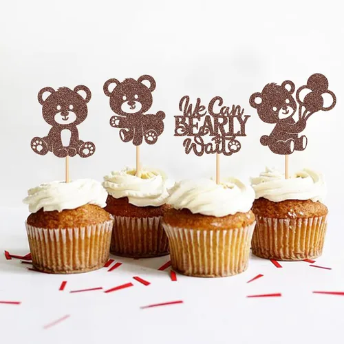 Miniatura 4 de 24 piezas de decoración para cupcakes con temática de "We Can Bearly Wait" Oso de globos brillantes, decoración temática de revelación de género