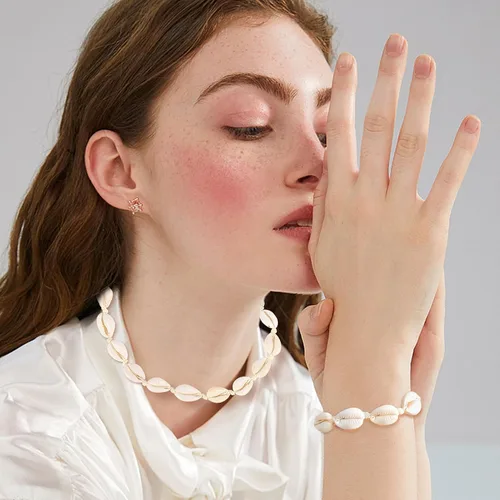 Miniatura 3 de Juego de collar y pulsera de concha natural para mujer, hecho a mano, gargantilla ajustable con concha natural