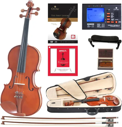 Cecilio violín 4/4 de tamaño completo con cuerdas D’Addario, juego de violín para principiantes con estuche, arco, colofonia y soporte para hombro,