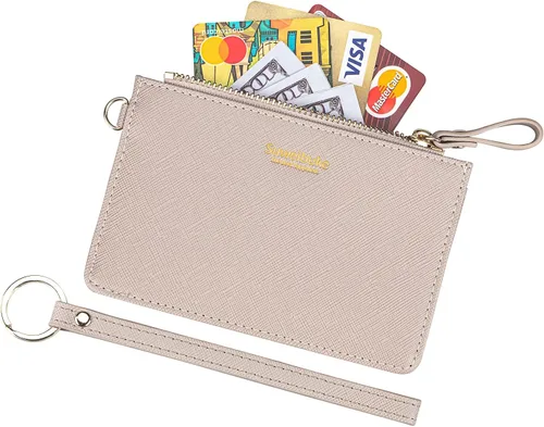 Miniatura 15 de Estuche Delgado para Tarjetas RFID para Mujer con Correa de Muñeca, Cartera con Cremallera para ID, Cartera de Cuero Pequeña, Monedero con Llavero