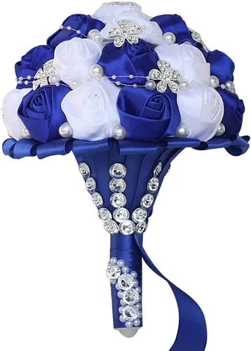 Miniatura 20 de Sharebeauty Ramo de novia de satén hecho a mano de 5.9 pulgadas, ramo de boda, ramo de flores artificiales, color azul claro + blanco W224