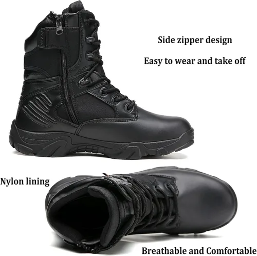 Miniatura 3 de Botas tácticas para hombre, botas de combate de 8 pulgadas, botas de trabajo para hombres, duraderas con cremallera lateral, botas militares