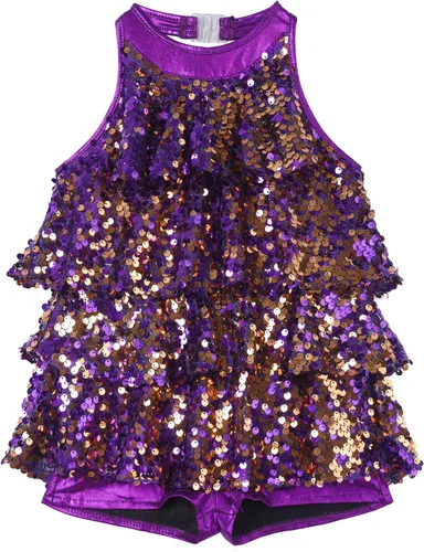 Miniatura 3 de Freebily Vestido de ballet con lentejuelas brillantes para niñas y niñas, cuello halter, falda de leotardo corto de jazz, hip hop, disfraz de danza