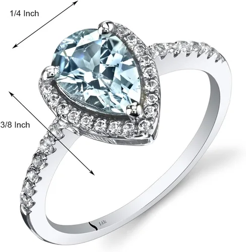 Miniatura 2 de Peora Anillo de halo de lágrima aguamarina para mujer, oro blanco de 14 quilates con topacio blanco, piedra natal natural, forma de pera de 1