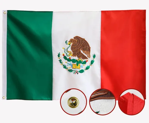 Bandera de México 3x5 para exteriores, banderas mexicanas bordadas, nylon 210D resistente, rayas cosidas, ojales de latón más fuertes, 4 dobladillos