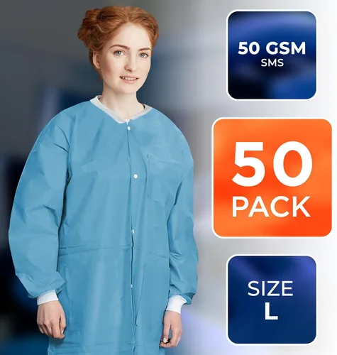 Miniatura 2 de EZGOODZ Abrigo de laboratorio desechable de 44 pulgadas de largo, grande. Paquete de 50 abrigos de laboratorio desechables SMS azul médico