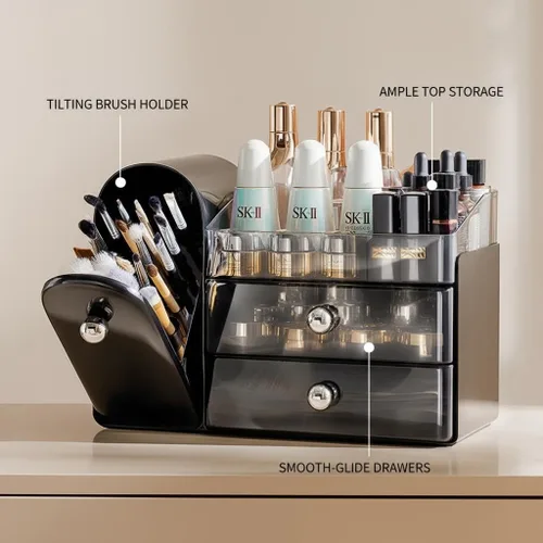 Miniatura 3 de Bird&Fish Organizador de maquillaje con soporte deslizante para cepillos, organizador transparente para el cuidado de la piel con cajones, Negro