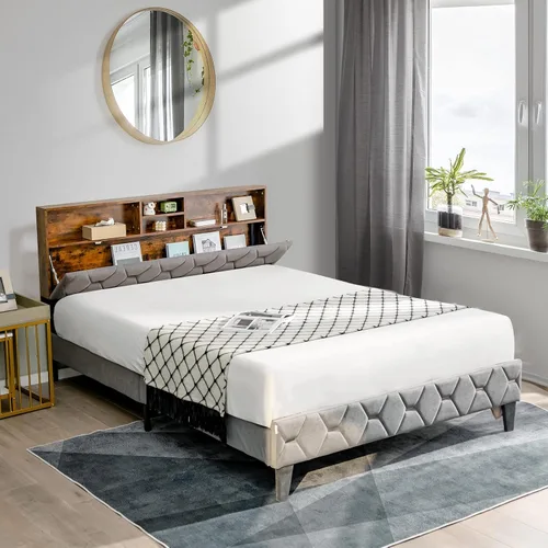 Miniatura 3 de KOMFOTT Base de cama matrimonial tapizada con cabecera de almacenamiento, base de cama de plataforma con estantes abiertos y espacio
