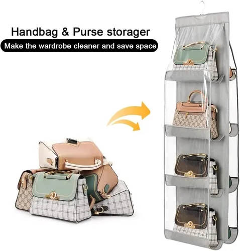 Miniatura 2 de Organizador de bolso de mano, 8 bolsillos ampliados, a prueba de polvo, organizador de armario, lavable (2 gris)