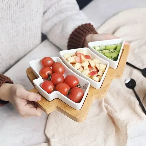 Miniatura 3 de Bandeja de bambú para árbol de Navidad, juego de platos de cerámica con diseño temático de Navidad, cuencos para servir para fiestas, perfectos