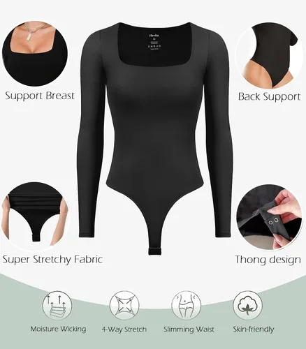 Miniatura 4 de Flevita Women's 2 Pack Long Sleeve Bodysuits Square Neck Basic Shirts Tops Bodysuit Jumpsuit