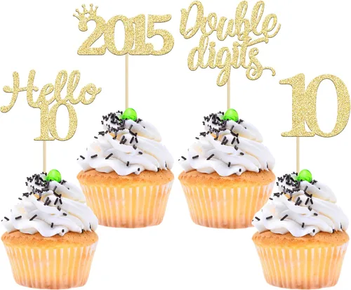 Miniatura 73 de Gyufise Paquete de 24 adornos negros para cupcakes de 10.º cumpleaños con purpurina negra 10 Ten Hello 10 Dights dobles desde 2015 para decoraciones