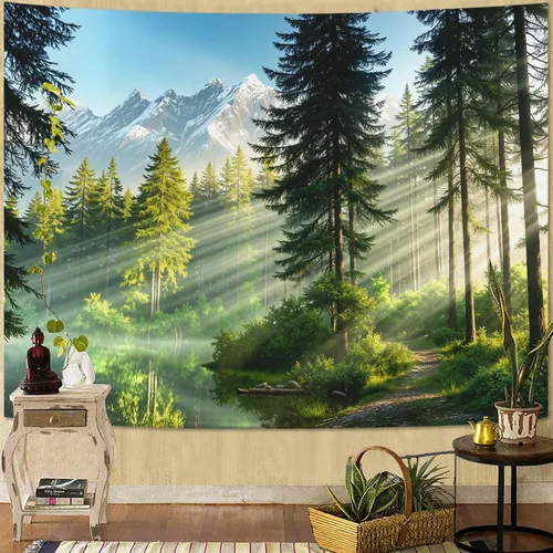 Miniatura 12 de Kanuyee Tapiz de bosque verde, tapiz de paisaje para pared, tapices de naturaleza para techo y pared, colgante para dormitorio, sala de estar