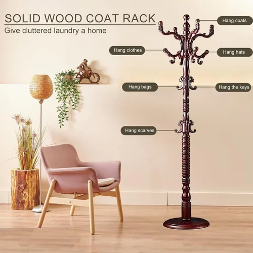 Miniatura 3 de Perchero independiente, soporte de madera con 14 ganchos, fácil montaje con base de disco estable para dormitorio, pasillo, oficina de entrada
