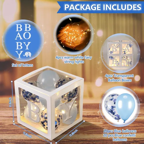 Miniatura 3 de Decoraciones de caja de globos para baby shower, 4 bloques de bebé transparentes con letras "Baby Girl", paquete de 4 luces LED de hadas y 40 globos