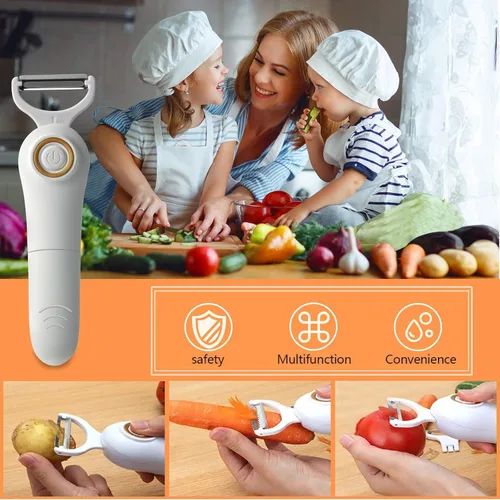 Miniatura 5 de Pelador eléctrico de frutas y verduras, juego profesional de pelador de patatas de mano, cortador de cocina con 3 cuchillas intercambiables